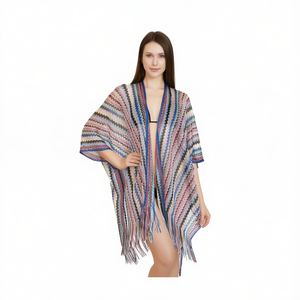 Cardigan de style ethnique 92x165cm, tricoté à franges, pour la plage ou comme vêtement d'extérieur - Product Image 1