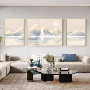 Impresión en Lienzo de Paisaje Abstracto de Alta Calidad, Juego de 3 Paneles, <span class=keywords><strong>Cuadro</strong></span> Moderno Texturizado con Detalles Dorados para Decoración de Dormitorio - Product Image 4
