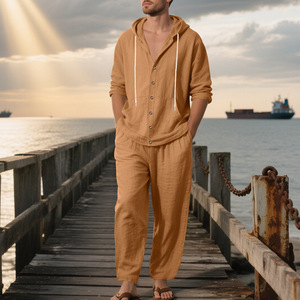 Ensemble pantalon et sweat à capuche en lin pour homme MGTZ10DF161, coupe ample, décontracté, manches longues, pour le printemps et l'automne - Product Image 2