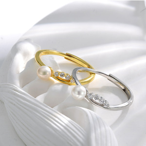 New Arrival: S925 Sterling <b>Silver</b> 4.3mm Freshwater Pearl and Zirconia Openwork <b>Adjustable</b> Fashion <b>Ring</b> - Product Image 2