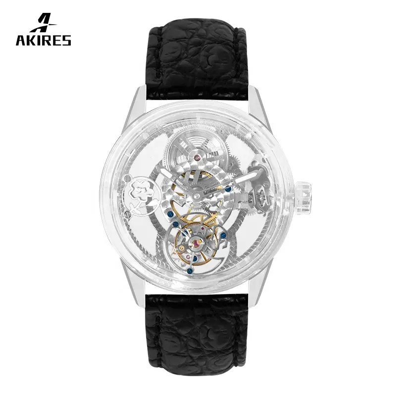 OEM Manufacturer Men Black Leather Strap Watches Automatic Movement Sapphire Glass Stainless Steel Transparent Hollow Tourbillon