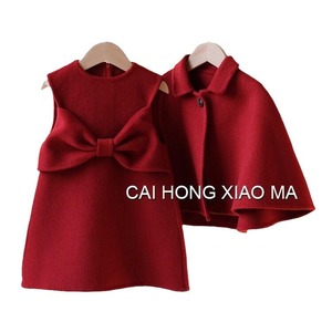 Cai Hong Xiao Ma Girls <b>Red</b> Woolen Dress Set With Cape And <b>Bow</b> Winter Outfit For New Year Solid Color Thickening Cotton Material - Product Image 5