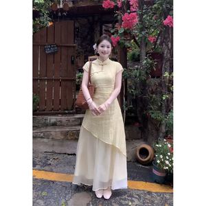 Robe longue d'été style chinois, taille empire, sans col, tissée, imprimée numériquement, respirante et lavable - Product Image 2