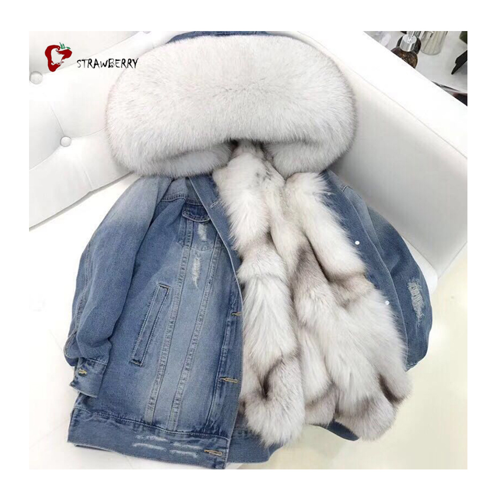 2020 Thick Warm Winter Black Fur Denim Parkas Real Fox Fur Lined Women Hooded Furry Blue Jean Jacket For Ladies