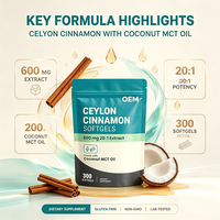 Gélules de cannelle de Ceylan en marque blanche OEM, 300 unités, 600 mg, extrait 20:1 avec huile MCT pour marque personnalisée
