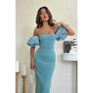 Wholesale Evening <b>Dress</b> with <b>Mint</b> Embroidered Sleeves Trim Unique Design for Special Occasions - Product Image 2