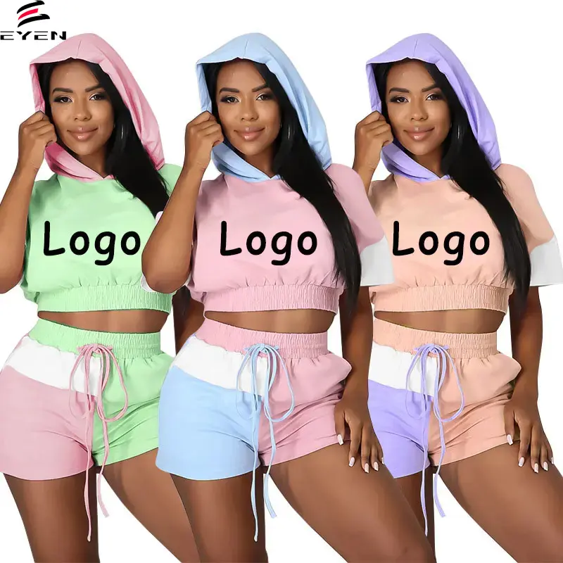 Conyson Summer Custom Logo Short Sleeves 2023 Casual Hooded Patchwork Crop Top Distrawing Shorts Sports Women Clothes Sets