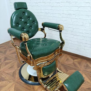 Vintage Barber Chair Heavy Duty Hydraulic Reclining Salon Chair Green Upholstered Round Base - Product Image 3