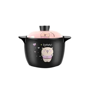 中国供应商黑色哑光釉面优雅可爱粉色猪多尺寸陶瓷砂锅，带两个手柄