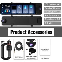 Cámara de Coche con 3 Cámaras, Triple Vista Frontal, Trasera y Derecha, 1080P, Espejo Retrovisor, DVR con GPS, Carplay y Android Auto, WIFI, Aplicación para Teléfono