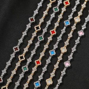 سوار ذهبي مطلي ملون بتصميم البرسيم رباعي الأوراق، سلسلة سداسية عصرية من النحاس مع حجر الزركون - Product Image 2