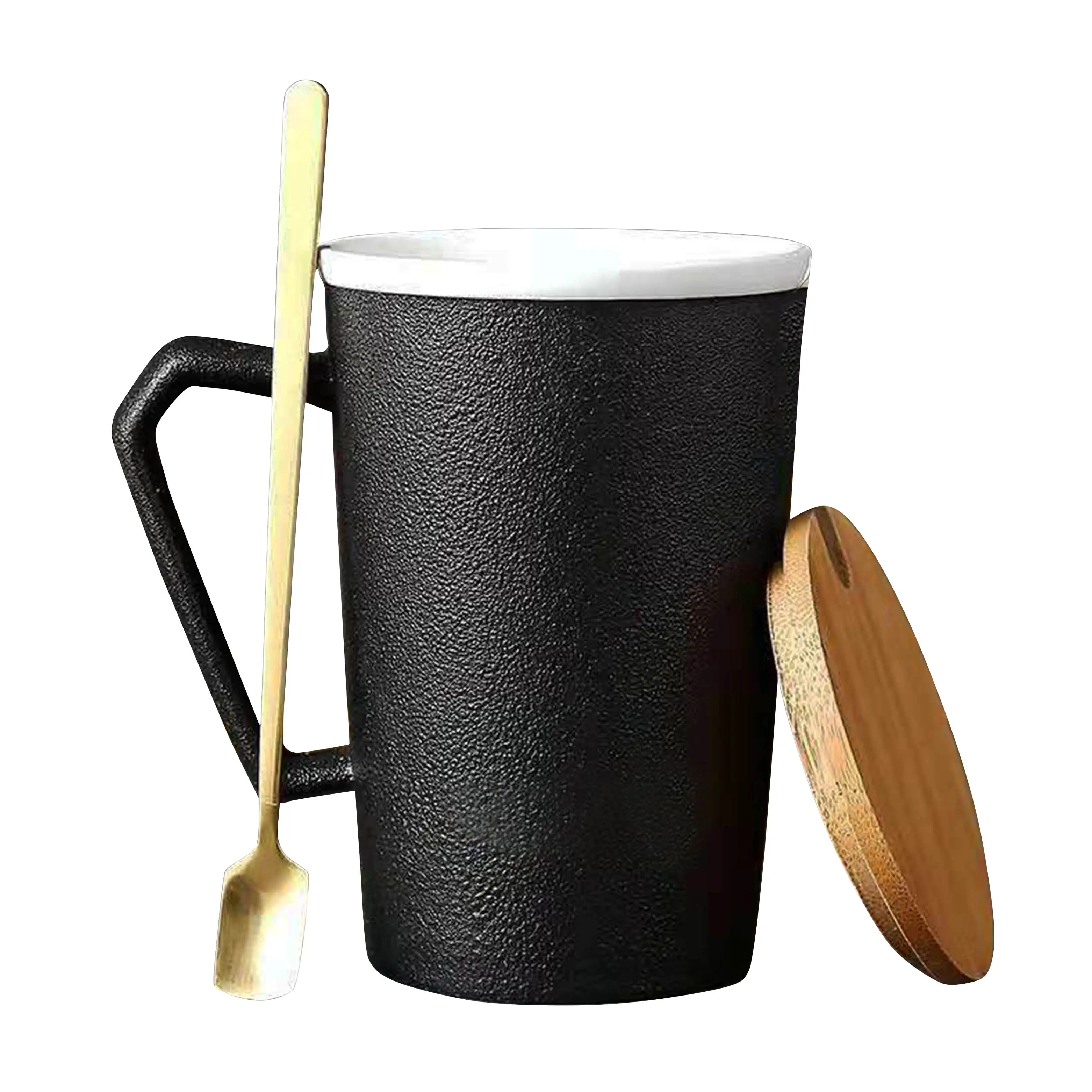 350Ml Zwart Eenvoudige Unieke Logo Custom Keramische Koffie Cup Met Houten Deksel