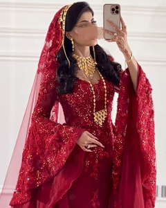 Robes de <span class=keywords><strong>soirée</strong></span> pour femmes en cristal luxueuses de Dubaï à manches longues avec appliques rouges personnalisées et voile - Product Image 2