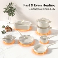 Ensemble de batterie de cuisine antiadhésive en aluminium céramique recyclable, 14 pièces, style américain, personnalisable, faible MOQ, avec couvercles en verre transparent et magnétiques