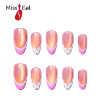 Lot de 32 faux ongles à presser style salon, œil de chat, French manucure, rose ombré, en gel souple, faits à la main, pour femme