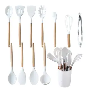 Explosive New Products Cooking Tools Luxurious Silicone Kitchen Utensils Set With Wooden Handle White Kitchen Accessories