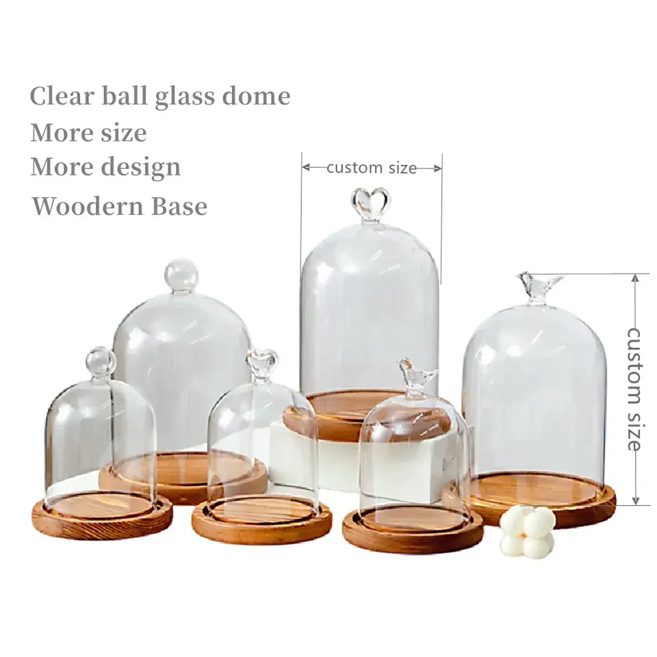 High Quality Custom size Exquisite Clear Glass Cloche Dome Bell Jar with Wooden Base for food showcase