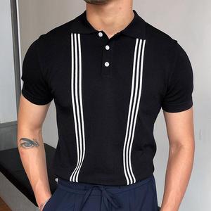 POLO Casual lavorata a maglia a maniche corte da uomo estate 2022 colore a contrasto POLO da uomo in seta di ghiaccio con risvolto sottile britannico - Product Image 3
