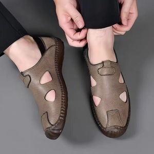Men's Casual Hollow Leather <b>Sandals</b> With Stitching Rubber Sole Breathable Low Heel For Leisure - Product Image 4