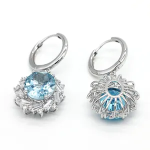 Cubic CZ Halo Blue Topaz Charm Earrings 925 Sterling Silver Natural Sky Blue Topaz Jewelry Stud Earrings