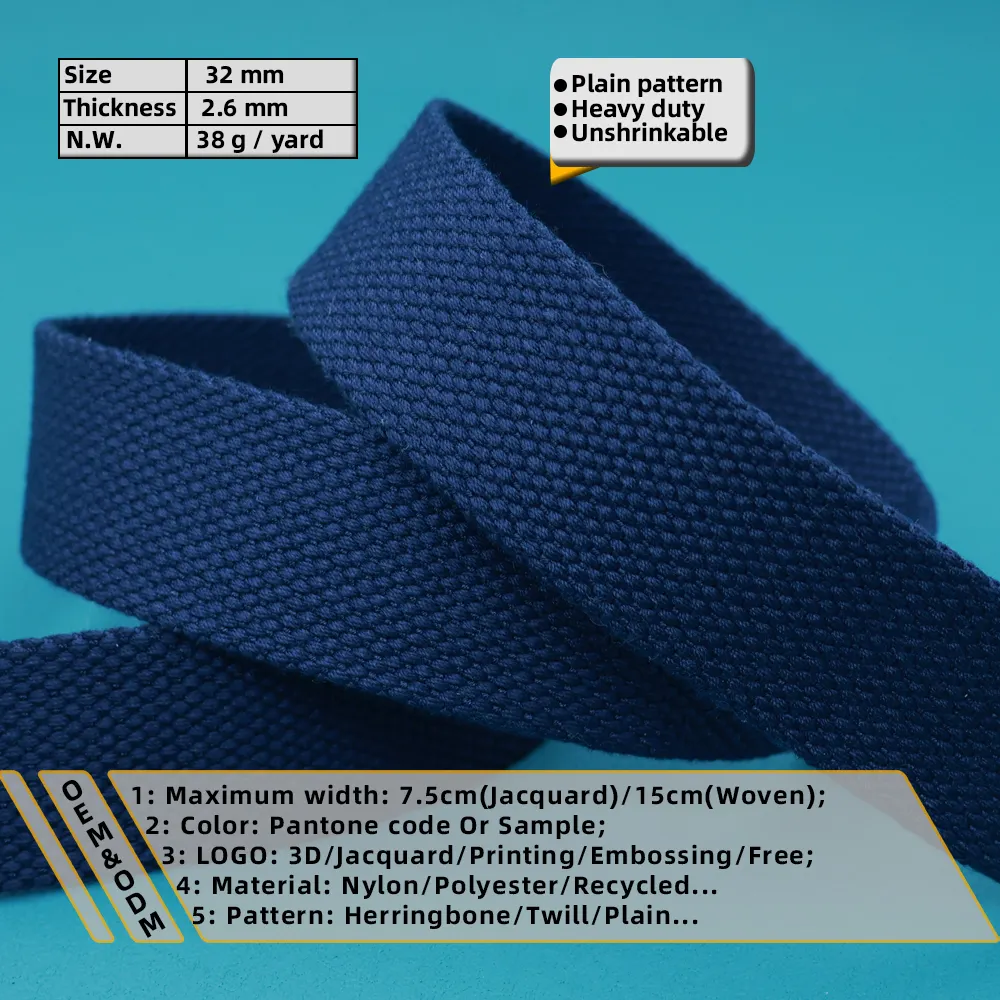 कस्टम नायलॉन कपास बद्धी बेल्ट सामान उच्च गुणवत्ता गहरे नीले रंग का आउटडोर के लिए 32mm पॉलिएस्टर बद्धी बेल्ट