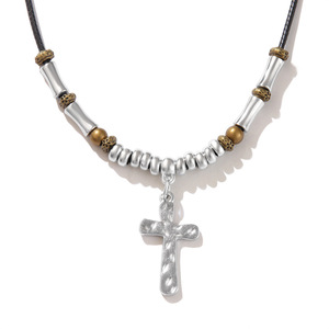 Hammered Cross Leather Cord Necklace Tibetan <b>Silver</b> <b>Beaded</b> Clavicle Chain Women's Jewelry Gift 56.5cm 8.7g - Product Image 4