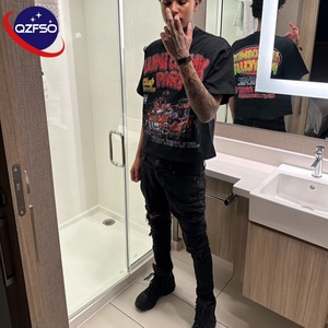 QZFSO, camiseta gráfica con estampado de pantalla lavada con ácido de Hip Hop y diamantes de imitación de alta calidad, ropa de calle, camisetas cuadradas recortadas de peso pesado para hombre - Product Image 1