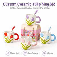 Ensemble de tasses à café en céramique 3D en forme de tulipe avec cuillère, tasse à café en porcelaine colorée avec boîte cadeau pour cadeau de vacances, OEM ODM en gros