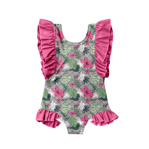 Vestido de Playa para Niñas, Estampado Floral Tropical, Transpirable, Línea A, Hasta la Rodilla, con Volantes, OEM, ODM, Personalizado, Verano - Product Image 2