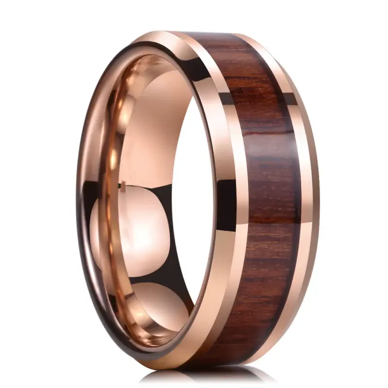 Guangzhou all'ingrosso anelli di moda 8mm oro rosa Koa intarsio in legno di tungsteno anello per gli uomini di moda fidanzamento fede nuziale