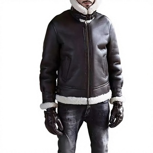 Men's Winter Tanned Faux <b>Fur</b> <b>Lined</b> Leather Jacket Stand Collar Biker <b>Coat</b> Zip-Up Regular Fit for Riding - Product Image 2