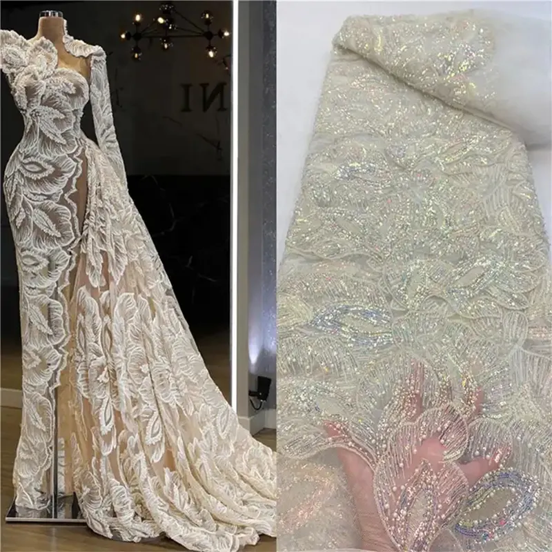 Kustom putih pernikahan manik-manik payet renda kain tekstil bordir Mesh kain renda pengantin