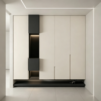 Meuble d'entrée géométrique moderne avec modules noirs contrastés, niche LED intégrée, système d'organisation modulaire pour buanderie