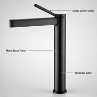 Keran Wastafel Tinggi Kuningan Warna Hitam Doff dengan Tuas Tunggal, Keran Wastafel Terpasang di Atas Meja untuk Kamar Mandi Rumah Modern