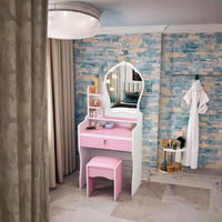 Table de toilette moderne éclairée avec tiroirs, miroir, tabouret, ensemble de coiffeuses, bureau de maquillage