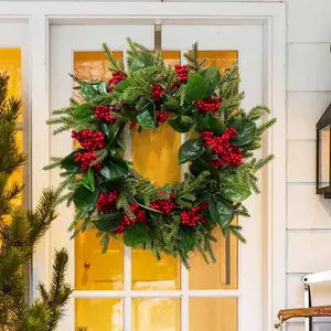 新年派对家居装饰人造红色浆果门窗悬挂圣诞花环