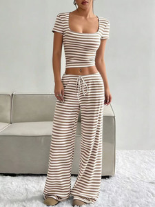 Completo da <span class=keywords><strong>donna</strong></span> a righe a costine 2026, top corto con scollo quadrato e pantaloni a gamba larga, set 2 pezzi, <span class=keywords><strong>abbigliamento</strong></span> <span class=keywords><strong>donna</strong></span> Y2K <span class=keywords><strong>vintage</strong></span> per il tempo libero - Product Image 3