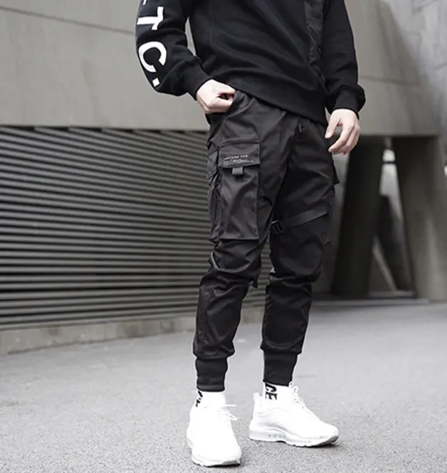 Joggers กางเกงวอร์มผู้ชาย,กางเกงขายาวทรงฮิปฮอปกางเกงวอร์มสีดำมีกระเป๋าสีดำกางเกงวอร์มสไตล์ฮาราจูกุ