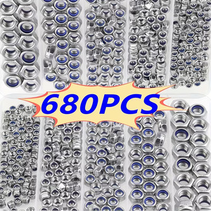 Baiguluo Nuts 680Pcs DIN985 Nylon Hex Locking Nuts Grade A Zinc Plated Carbon Steel <b>Fasteners</b> Set - Product Image 1