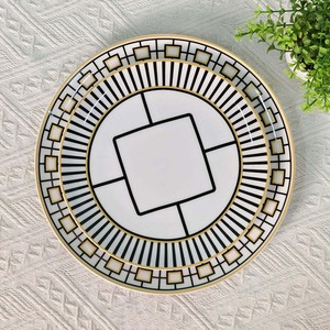 Modern Geometric Solid <b>Black</b> White Pattern Eco-Friendly Bone China Ceramic Plate Set Gold-<b>Edged</b> Dining Plates Comes Gift Box - Product Image 2