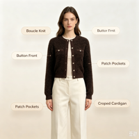 Gaby – Cardigan tricoté à manches longues pour femme, beige, en maille pointelle de haute qualité, avec boutons en corne, couleur marron, personnalisable OEM