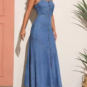 Robe longue en jean bleu uni 100 % coton style bohème pour femme, col rond, sans manches, coupe trapèze, fermeture éclair au dos, écologique - Product Image 5
