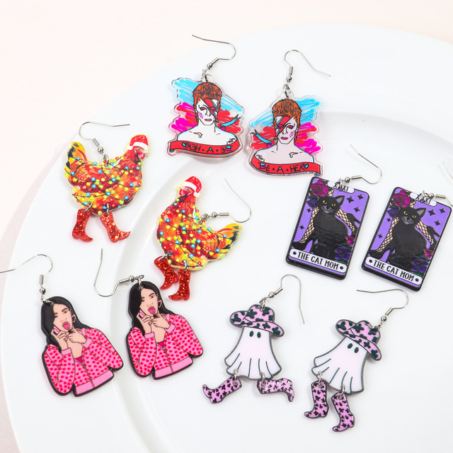 Mashup Style Halloween Gothic Scythe Killer Colorful Rooster Ghost Mouse High Heel Stockings Acrylic Print Drop Earrings 2026