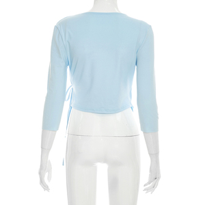 Viviblook Q26TP086 – haut décontracté pour femmes, couleur unie, col en v profond, haut court à lacets pour dames, nouvelle collection été - Product Image 3