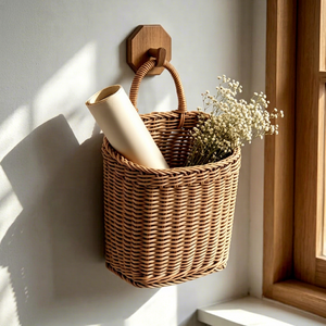 Panier de rangement mural en rotin avec poignée, design minimaliste pour salon, organisation multi-usages - Product Image 1
