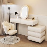Coiffeuse en bois massif beige style crème avec plateau en pierre - Bureau de maquillage haut de gamme pour chambre à coucher avec coffre de rangement intégré
