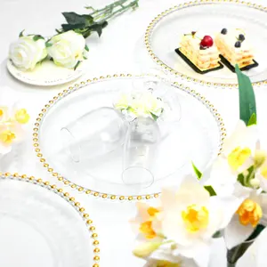 Piring pengisi daya plastik transparan bening manik-manik pelek emas perak dekorasi pernikahan