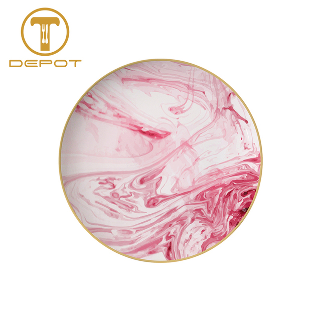 Wholesale Restaurant Dinnerware Set Round Pink Marble Pattern Golden Rim Bone China Plates Dessert Food Plate Dish