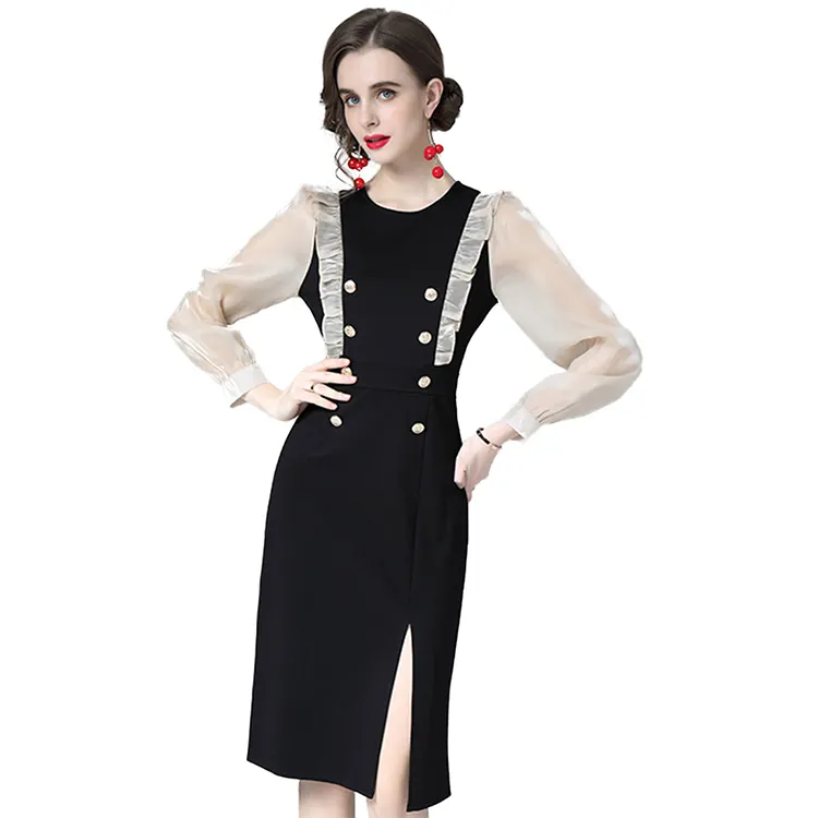 Женское шифоновое приталенное платье, элегантное двухбортное платье во французском стиле с круглым вырезом и длинными рукавами, платье с разрезом на бедрах