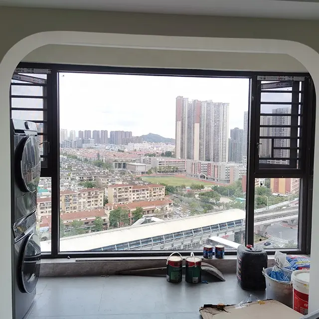 Ventana abatible de aluminio con rotura térmica, puertas abatibles de vidrio templado doble modernas y ventana de sello, puente roto